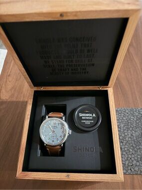 Shinola Runwell Men's Brown Leather Strap Watch - Silver Case, Blue Gray Dial